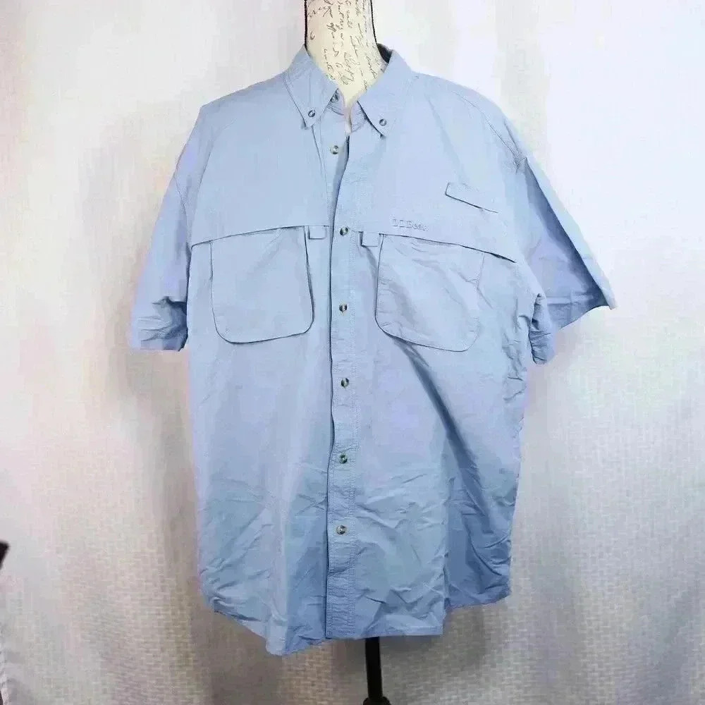L.L Bean Short Sleeve Button Up Vented Fishing Shirt Men’s Blue Size XL Reg